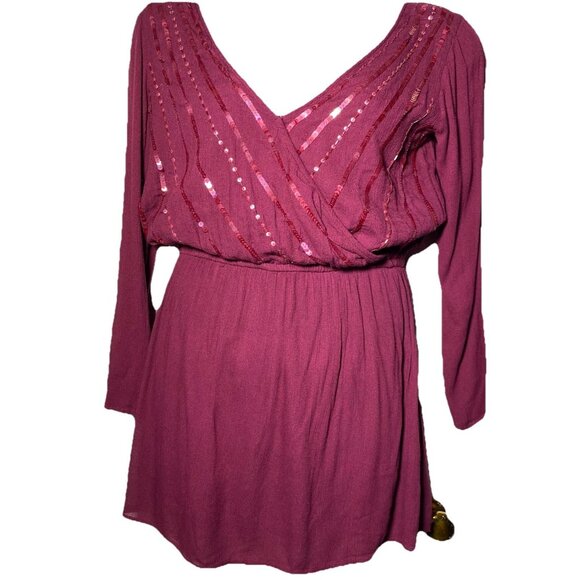 Chelsea & Violet Burgundy Sz Medium Crinkled Dress Beaded Sequin Vneck Holiday - Picture 10 of 10